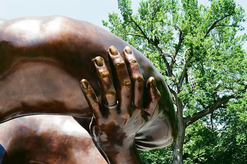 The Embrace (Hank Willis Thomas, Boston, 2023), taken by Demi Fang in 2024 on Anton's Nikon FE from the 1970s